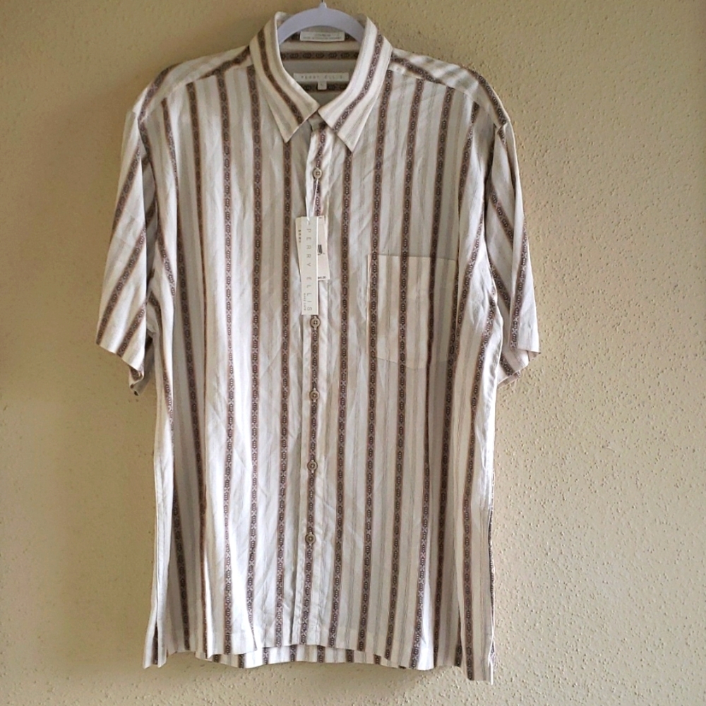 Perry Ellis Shirt, New, color cream, brown, Size L.